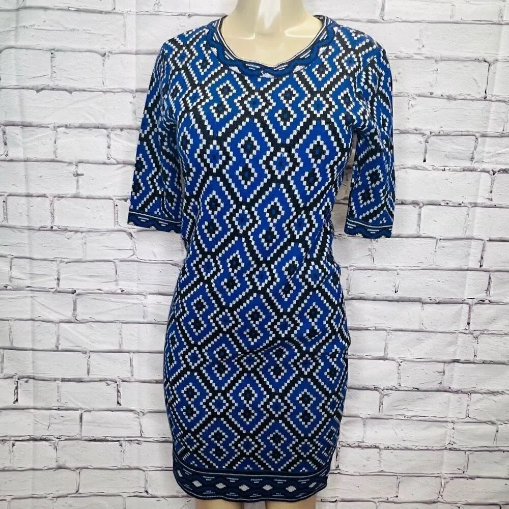 Beige by ECI Women's Small Blue Geometric Print Sweater Dress Size Small